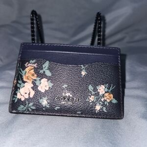 Coach Navy Floral Leather Card Case Wallet